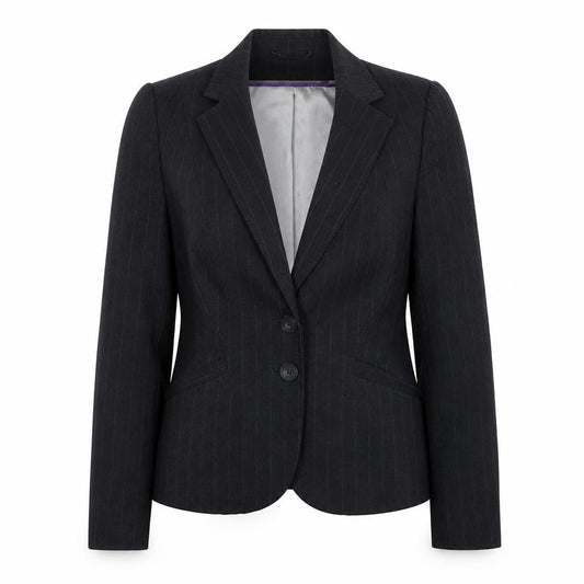 Front view of Autonomy women’s grey striped polyester jacket suit jacket, size UK 14