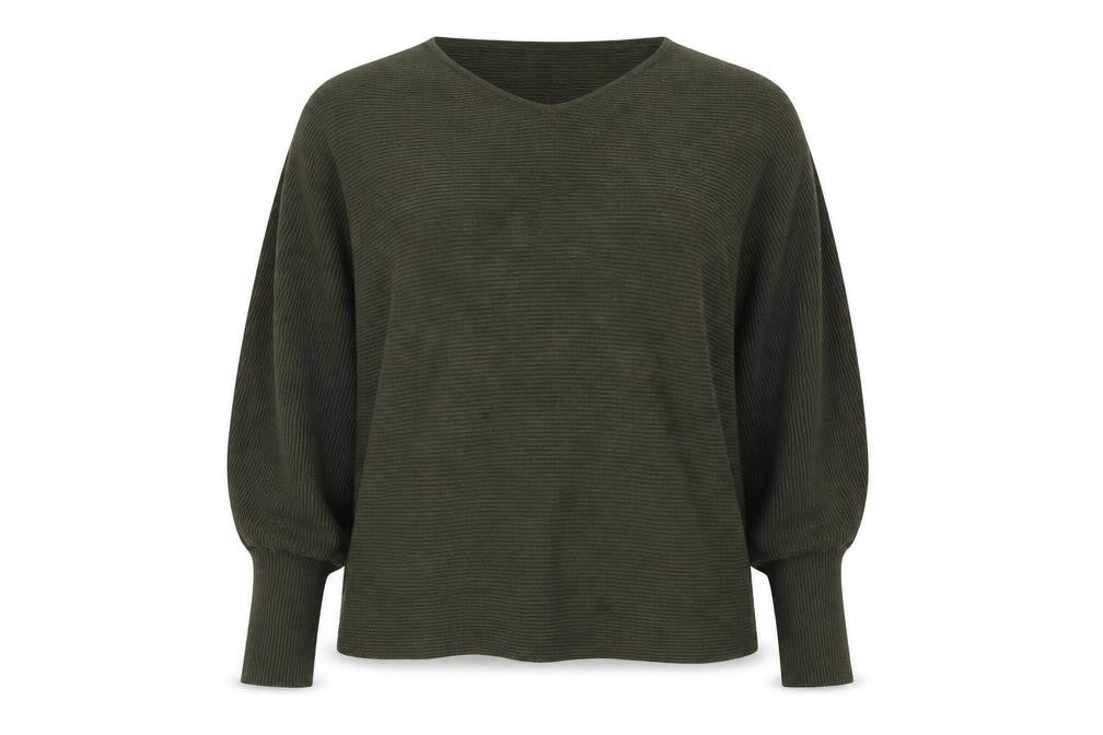 Front view of Primark women’s green crew neck viscose jumper, size UK 18