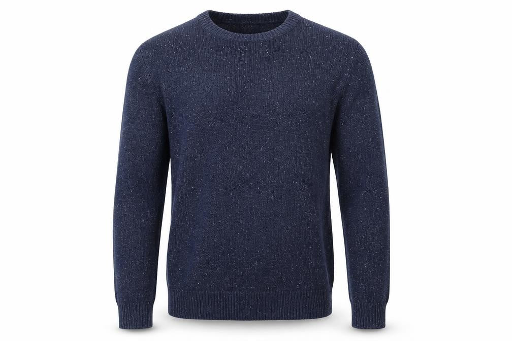 Front view of Cedarwood State men’s blue crew neck acetate jumper, size S
