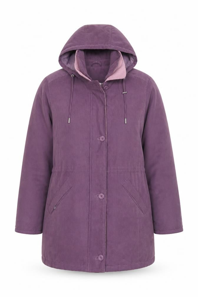 Front view of EWM women’s purple overcoat coat, size UK 14, zip