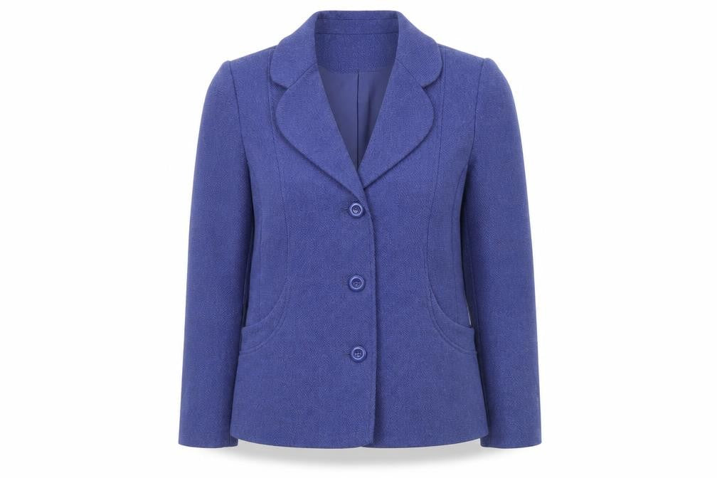 Front view of EWM women’s blue jacket, size UK 14, button
