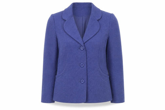 Front view of EWM women’s blue jacket, size UK 14, button