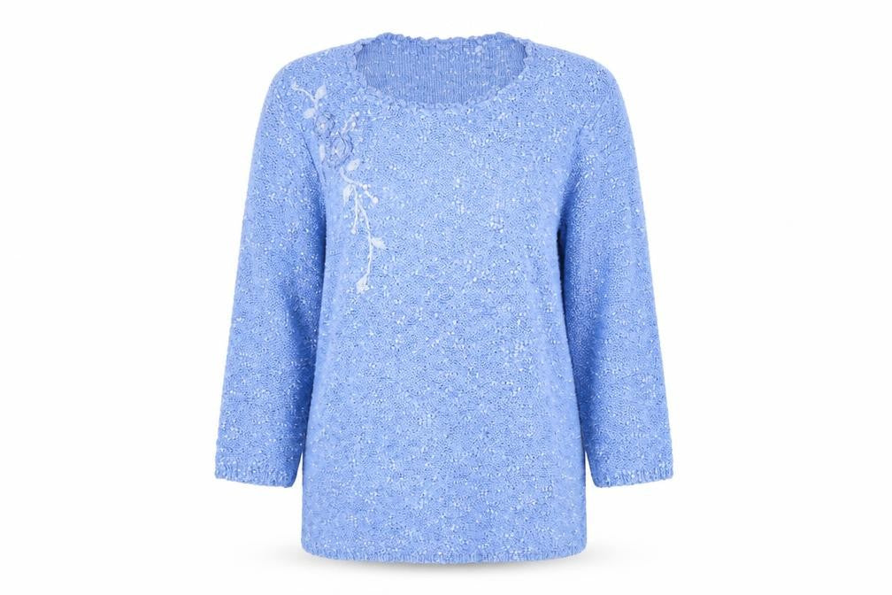 Front view of Bonmarché women’s blue round neck floral polyester jumper, size S