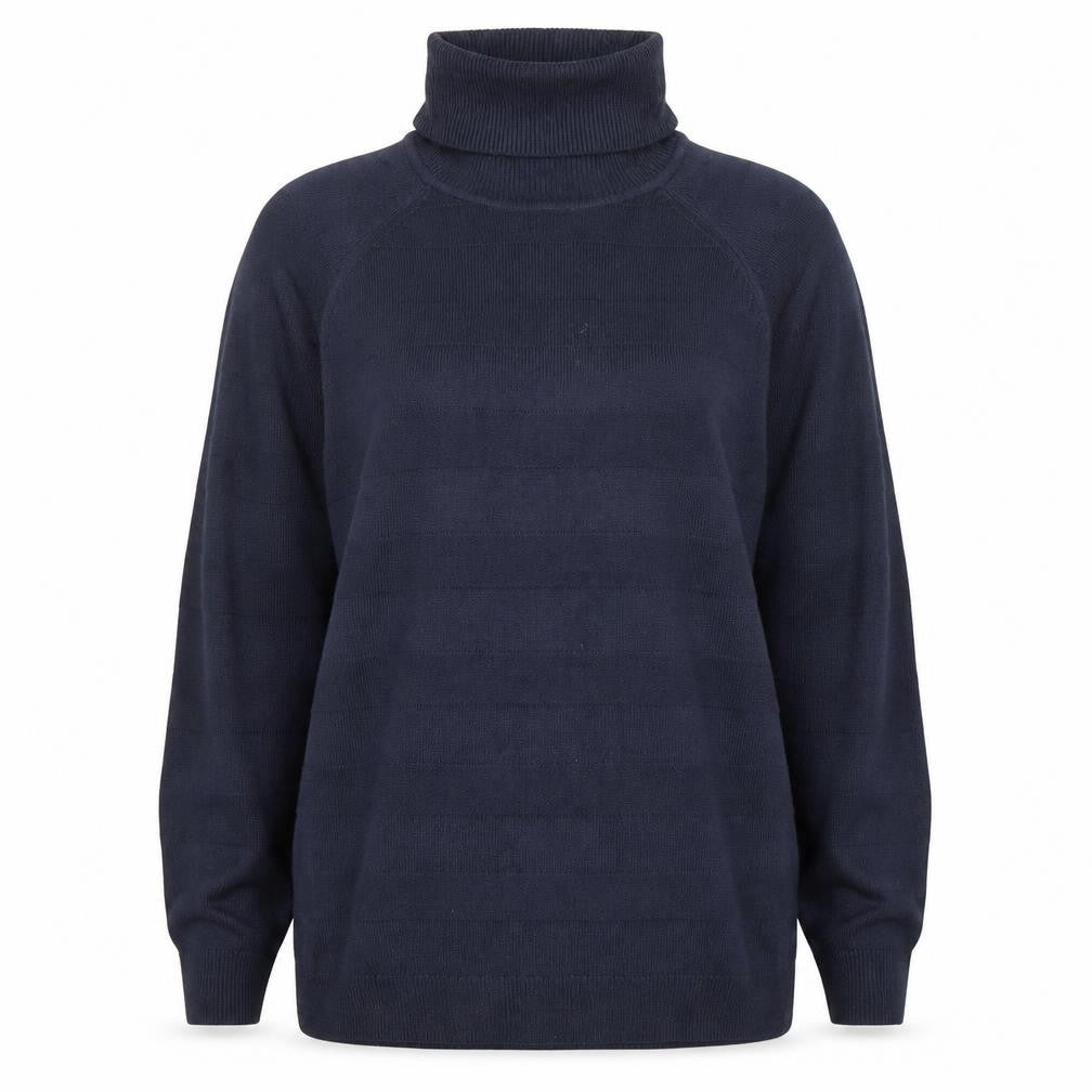 Front view of Ridge & Co women’s blue roll neck acrylic jumper, size UK 12