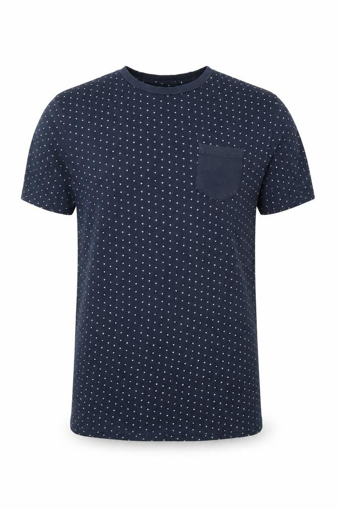 Front view of Celio men’s blue geometric polyester t-shirt, size S, crew neck