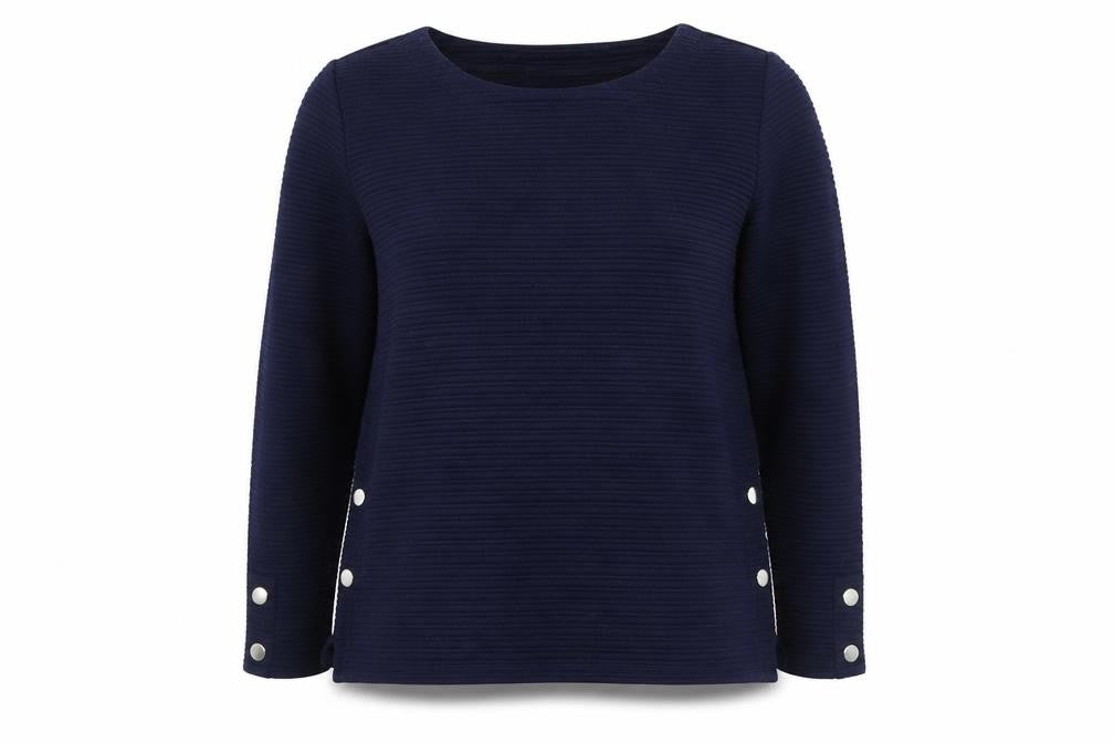 Front view of W Lane women’s blue round neck polyester jumper, size M