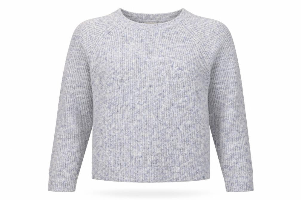 Front view of Papaya women’s blue crew neck acrylic jumper, size M