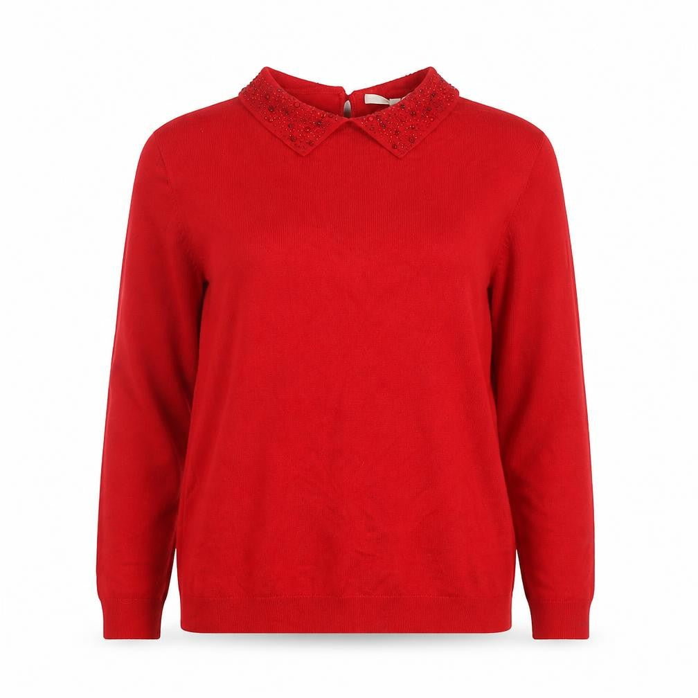 Front view of Vida Vi women’s red collared viscose jumper, size M