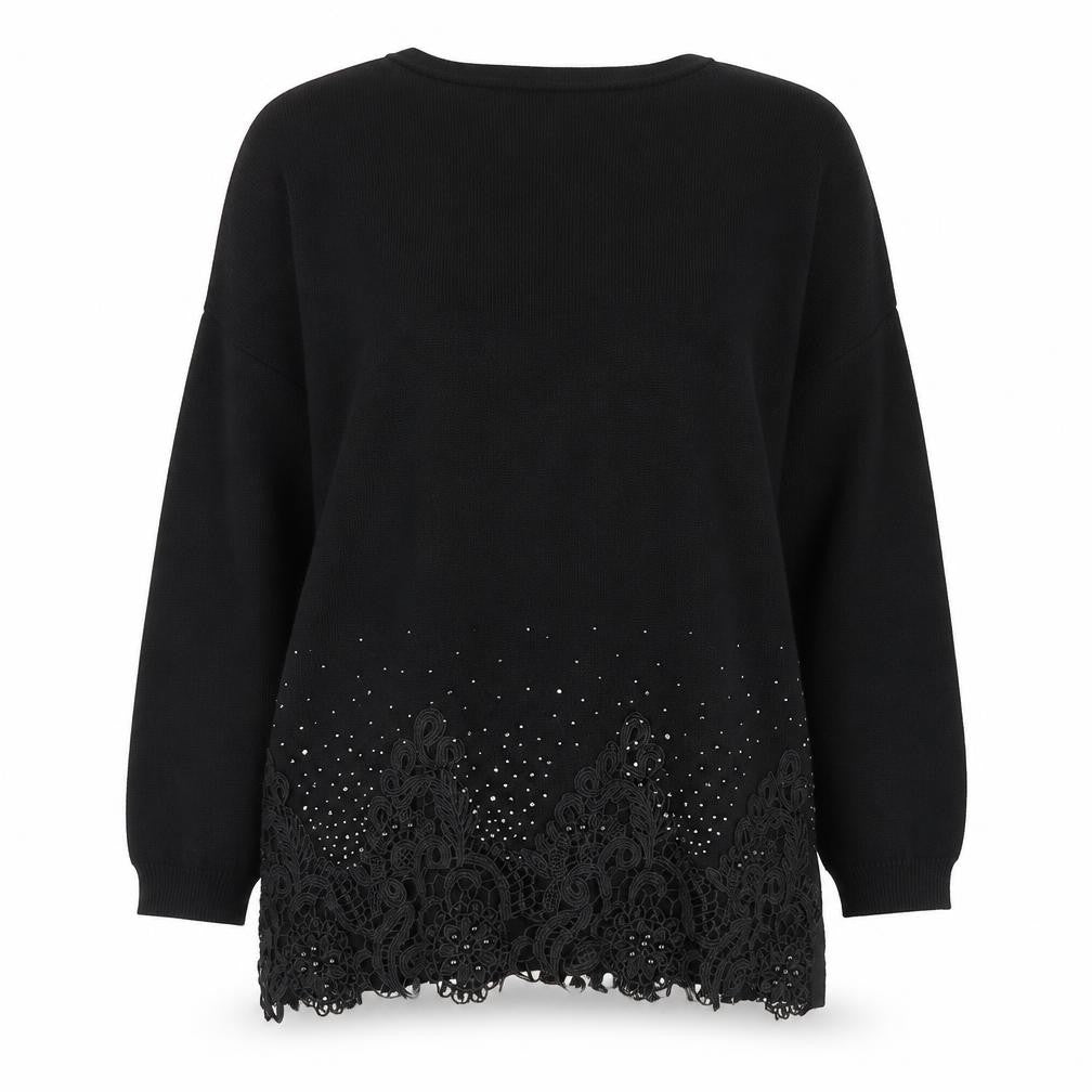 Front view of Preworn women’s black round neck viscose jumper, size S