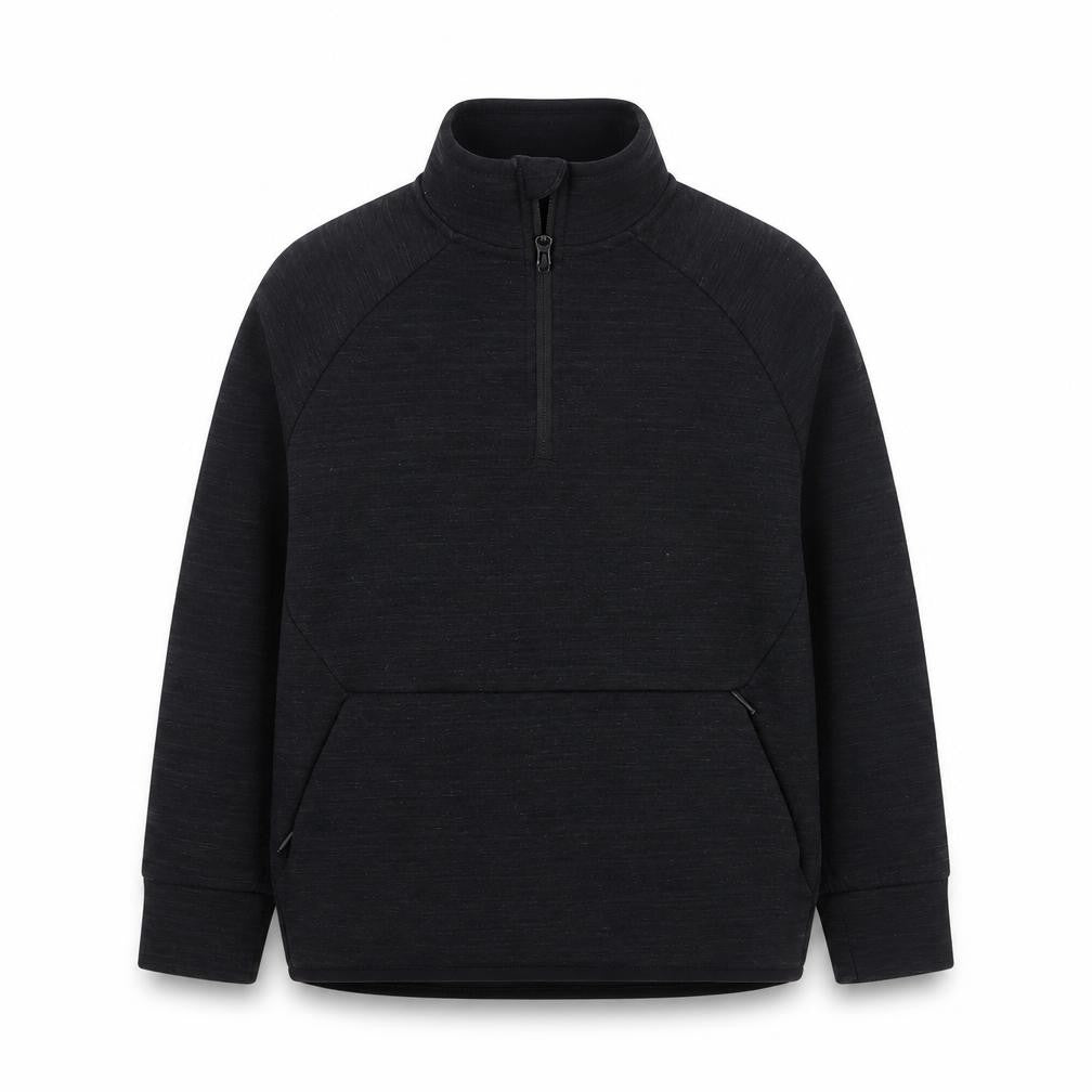 Front view of Dunnes boys’ black polyester pullover sweatshirt, size 6-7, years zip