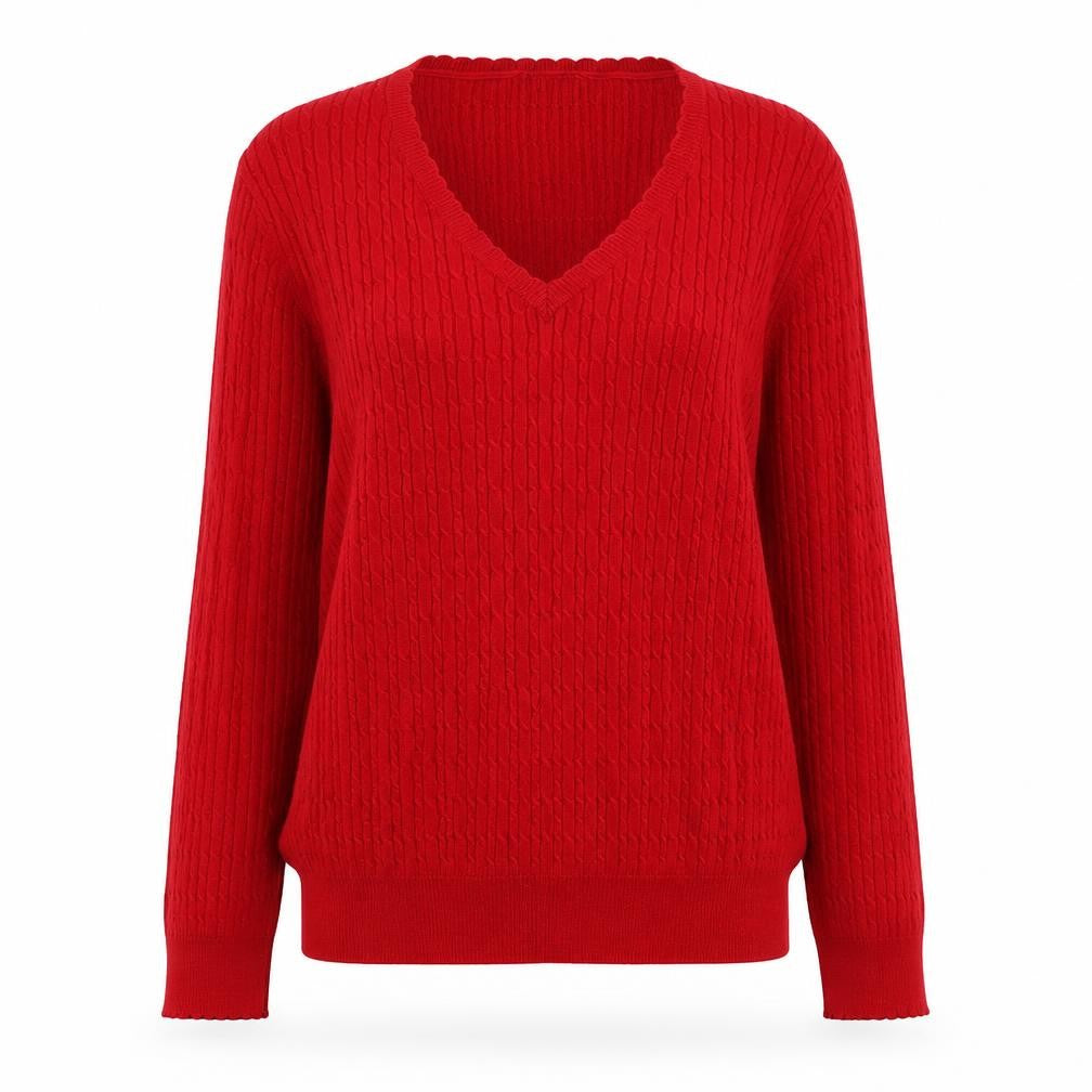 Front view of Country Casuals women’s red v-neck cotton jumper, size L