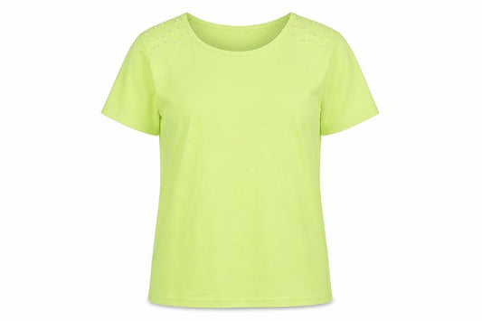 Front view of Paramour women’s green polyester basic t-shirt, size S, round neck