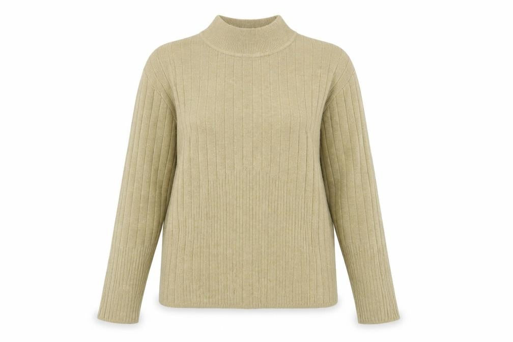 Front view of Marks & Spencer women’s beige high neck viscose jumper, size UK 14