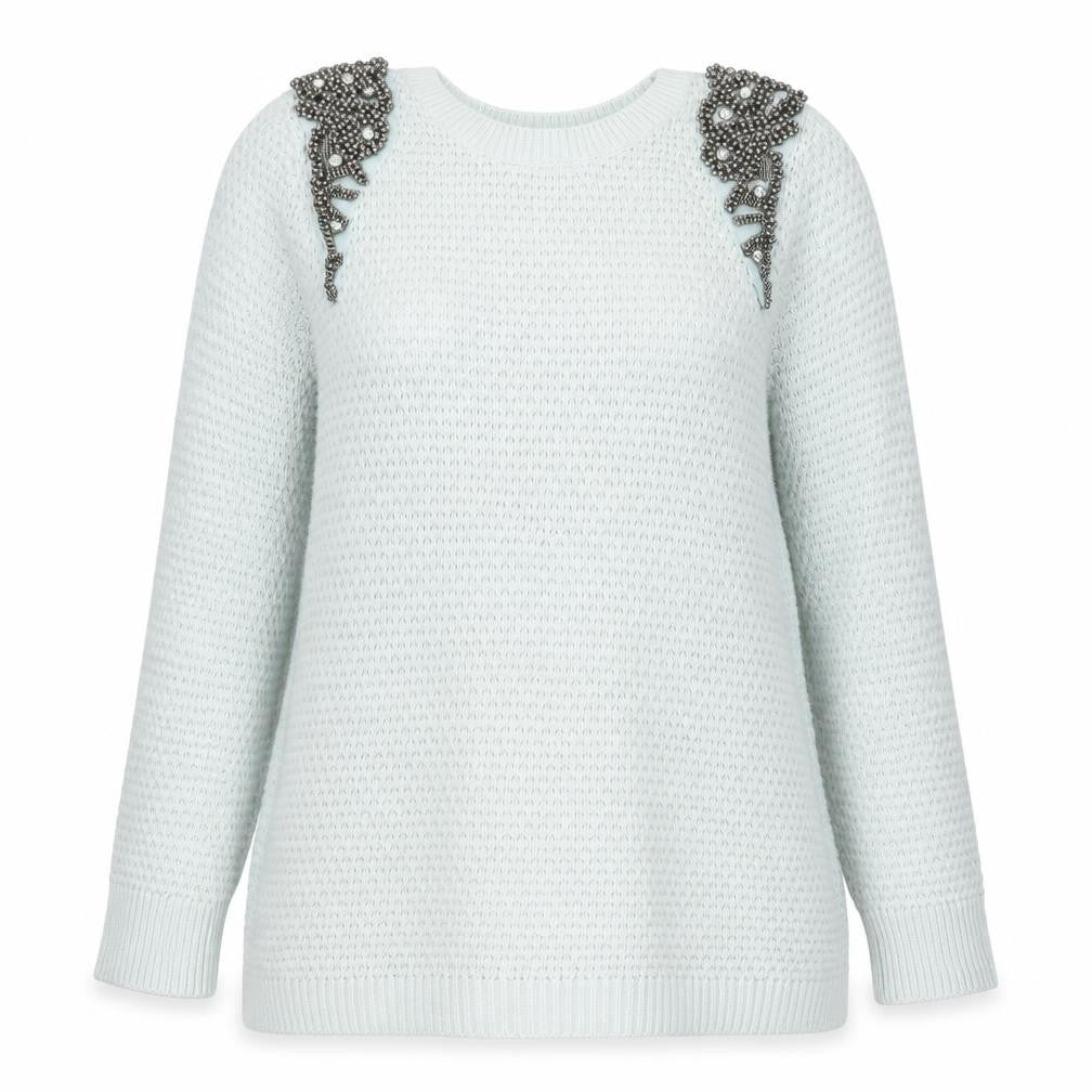 Front view of Topshop women’s green round neck cotton jumper, size UK 6