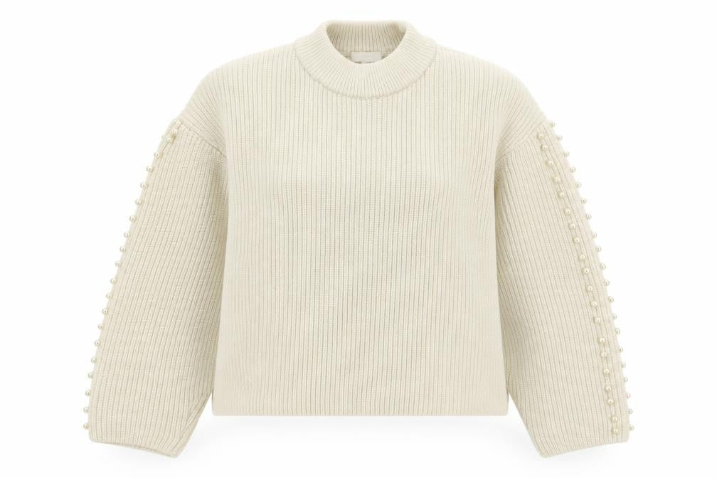 Front view of H&M women’s beige high neck polyester jumper, size M