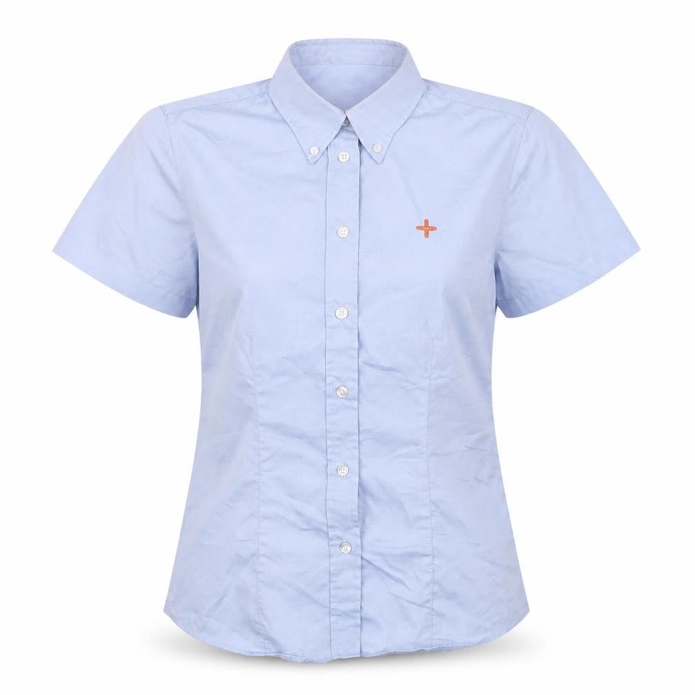 Front view of Kustom Kit women’s blue cotton jersey button-up, size UK 8, collared