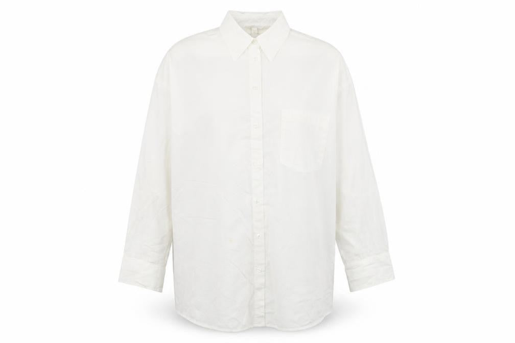 Front view of h&m men’s white cotton button-up, size XL, collared