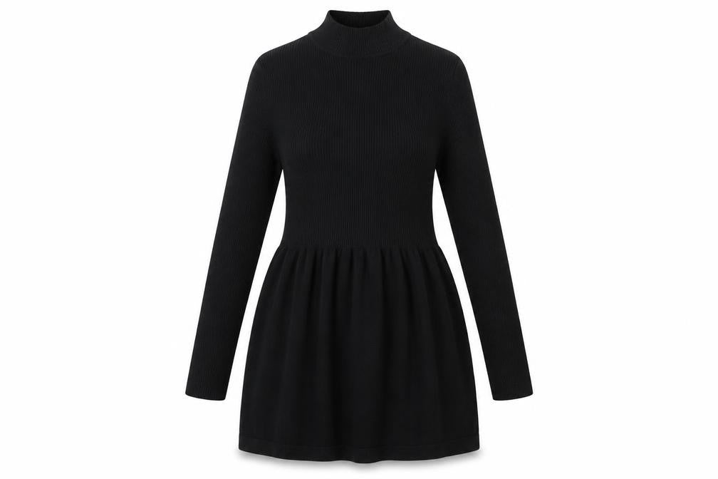 Front view of Primark women’s black viscose fit & flare, size M, roll neck