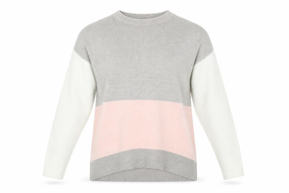 Front view of Nutmeg women’s multicoloured crew neck acrylic jumper, size UK 10