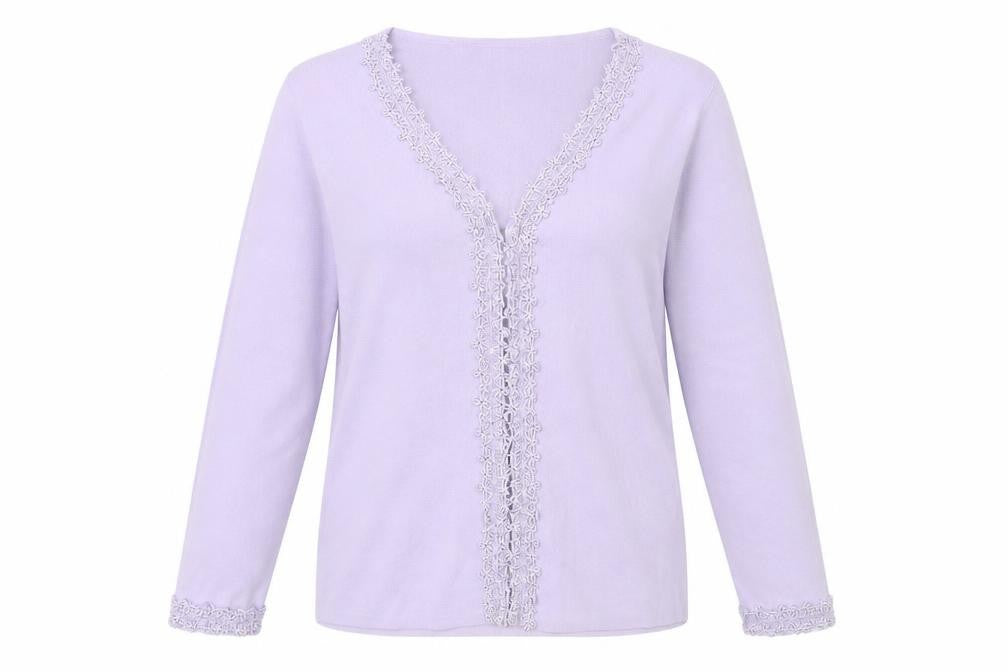 Front view of Alibi women’s purple v-neck viscose jumper, size UK 16