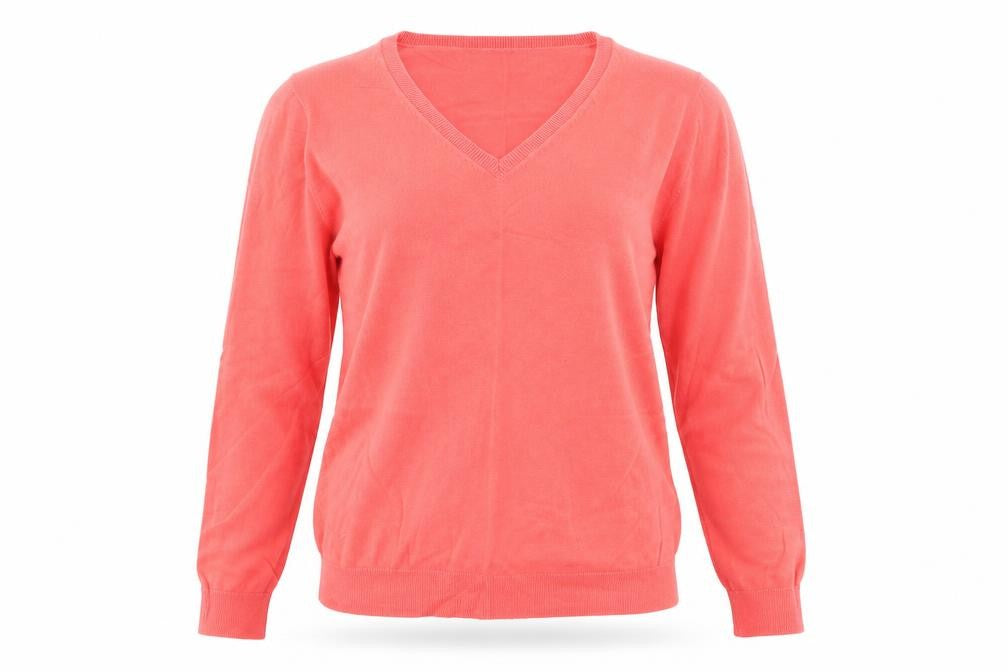 Front view of Dunnes women’s pink v-neck cotton jumper, size L