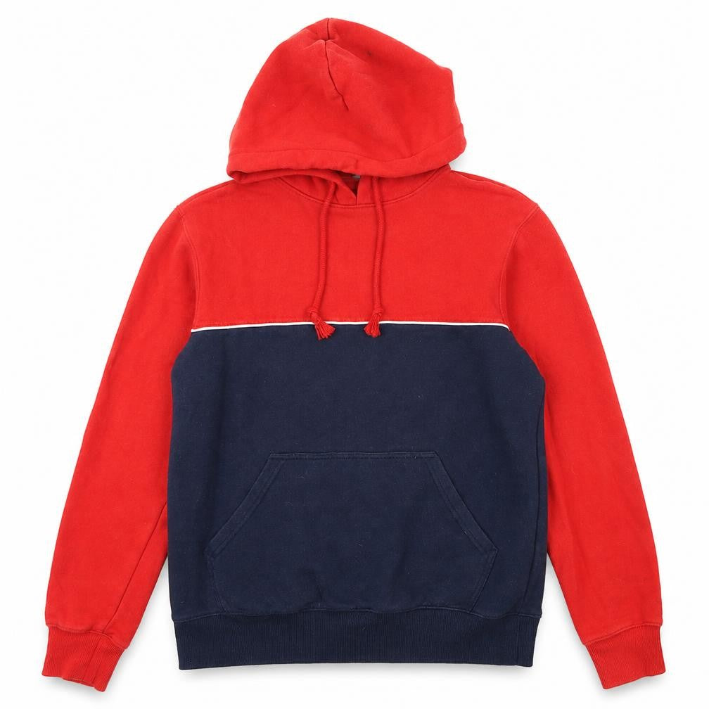Front view of H&M women’s red striped cotton pullover hoodie, size S, pullover