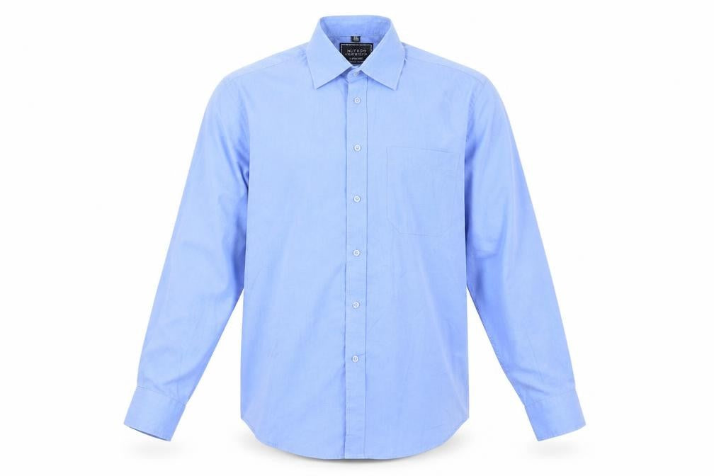 Front view of Hutson Harbour men’s blue polyester button-up, size 15.5 collared button