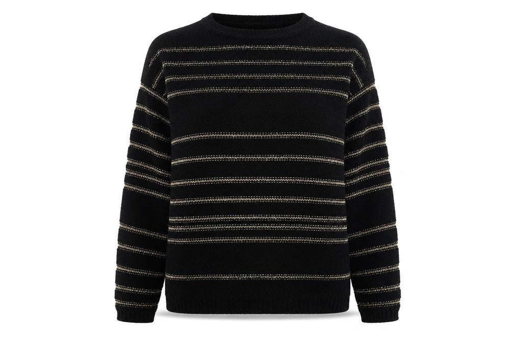 Front view of BHS women’s black round neck striped acrylic jumper, size UK 14