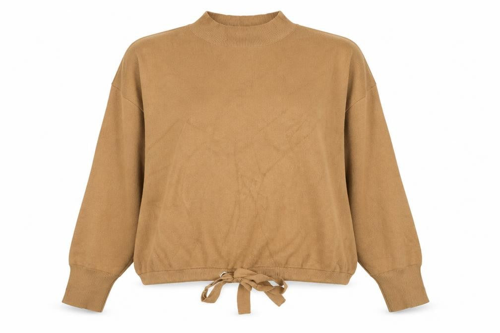 Front view of Primark women’s brown mock neck viscose jumper, size UK 14