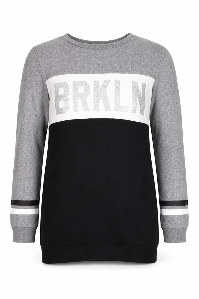 Front view of H&M girls’ grey cotton pullover sweatshirt, size 11-12, years pullover - brklyn