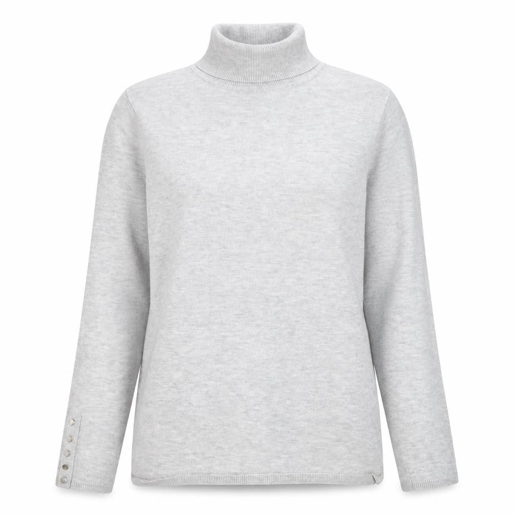 Front view of M&Co women’s grey roll neck viscose jumper, size UK 10