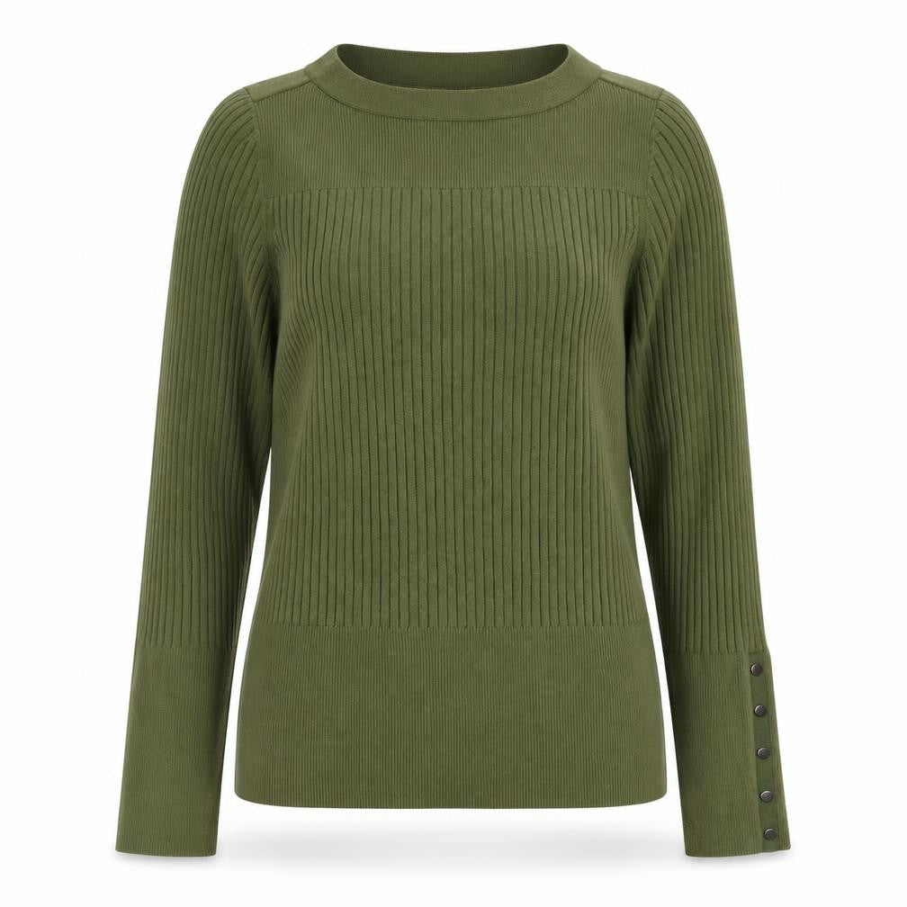 Front view of Linea women’s green round neck viscose jumper, size M