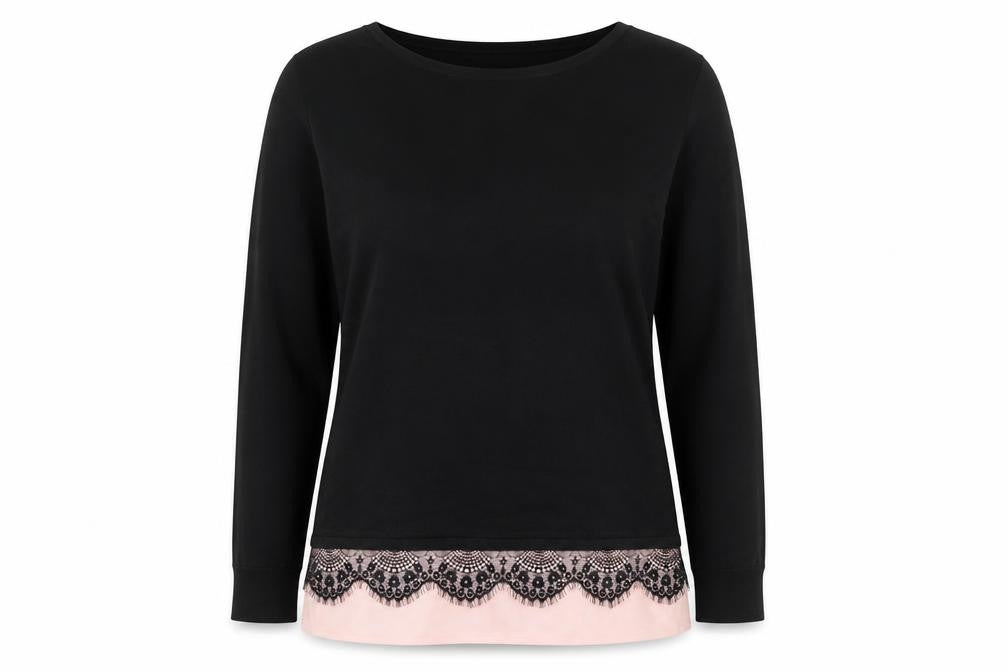 Front view of F&F women’s black boat neck polyester jumper, size L, - lace trim