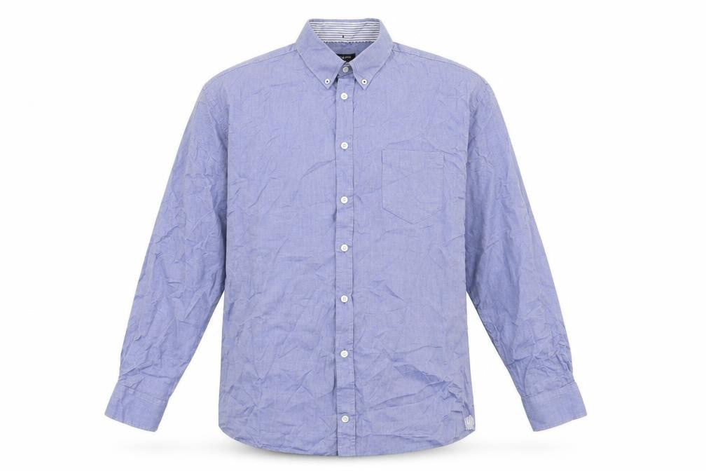 Front view of Pre End men’s black cotton button-up, size XL, collared button