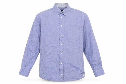 Front view of Pre End men’s black cotton button-up, size XL, collared button