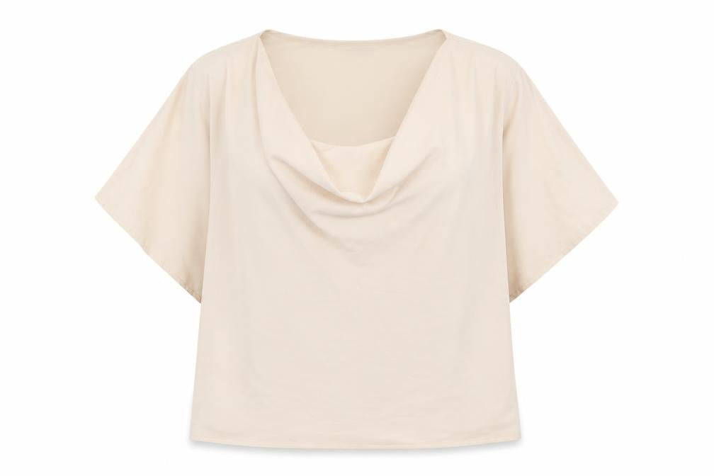 Front view of SHEIN women’s ivory polyester jersey blouse, size L, cowl neck