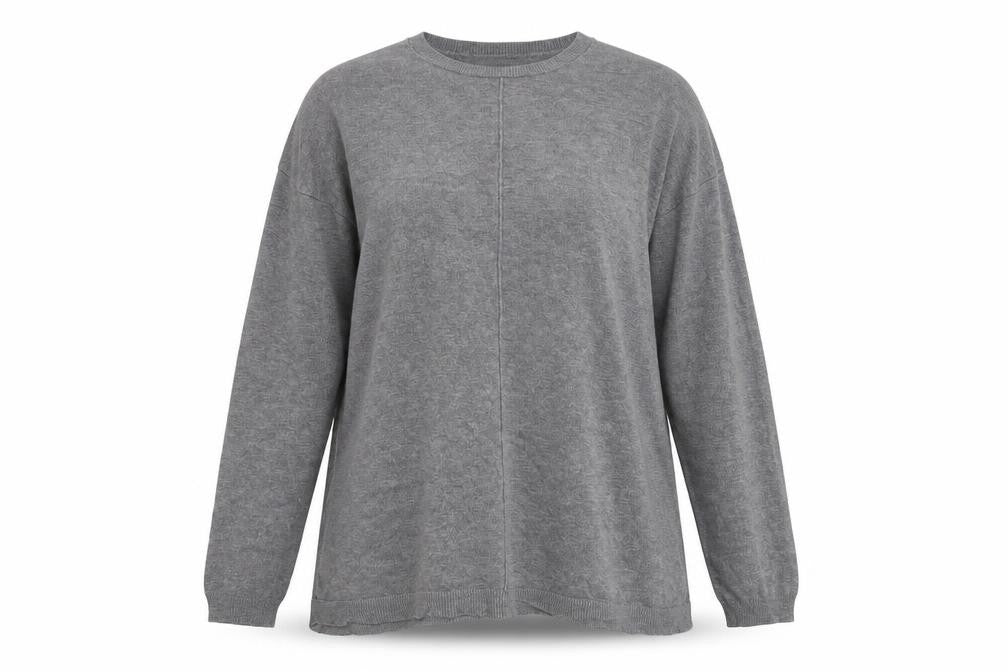 Front view of Atmosphere women’s grey round neck viscose jumper, size UK 12