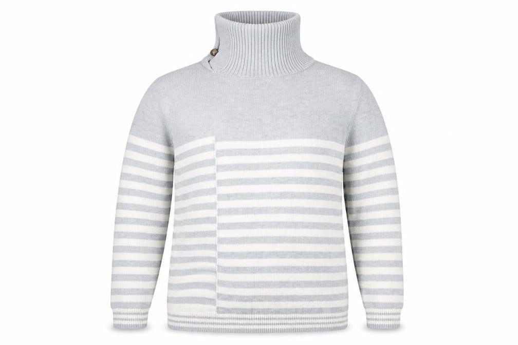 Front view of Roman women’s grey roll neck striped polyester jumper, size UK 18