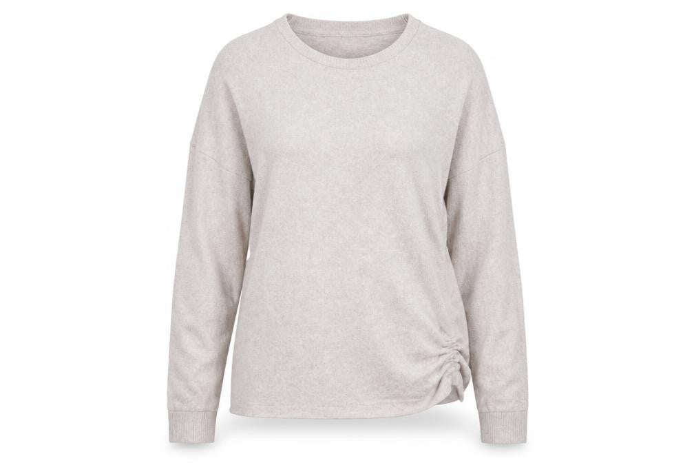 Front view of Jeff & Co women’s pink round neck polyester jumper, size UK 10