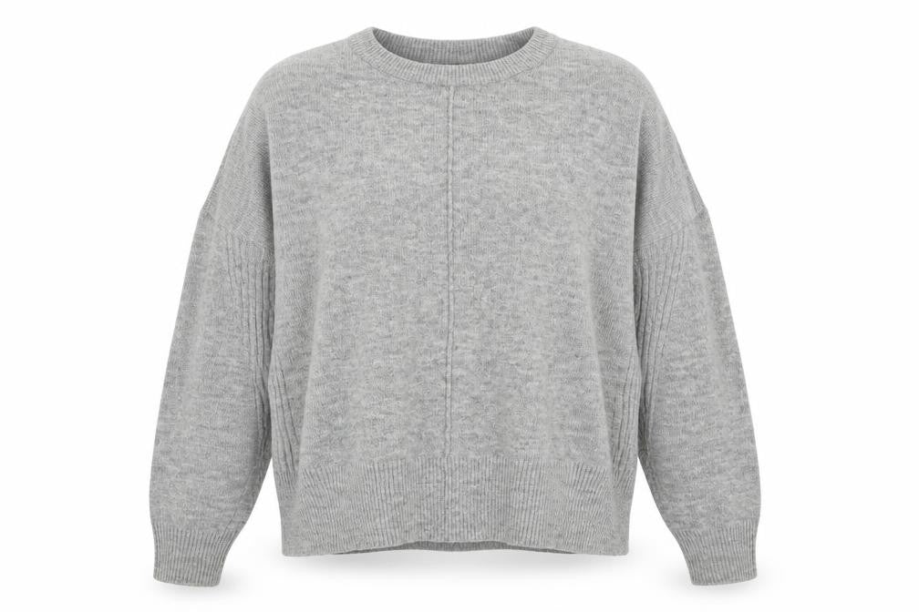 Front view of Topshop women’s grey round neck acrylic jumper, size UK 6