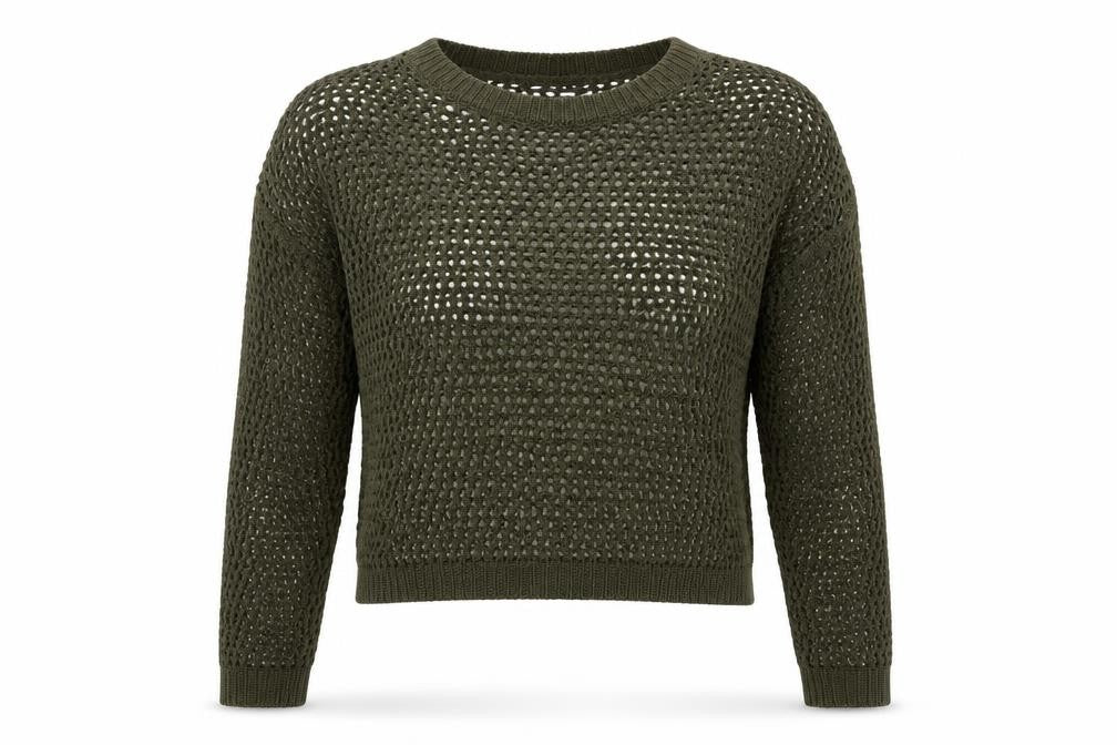 Front view of Primark women’s green round neck acrylic jumper, size XS