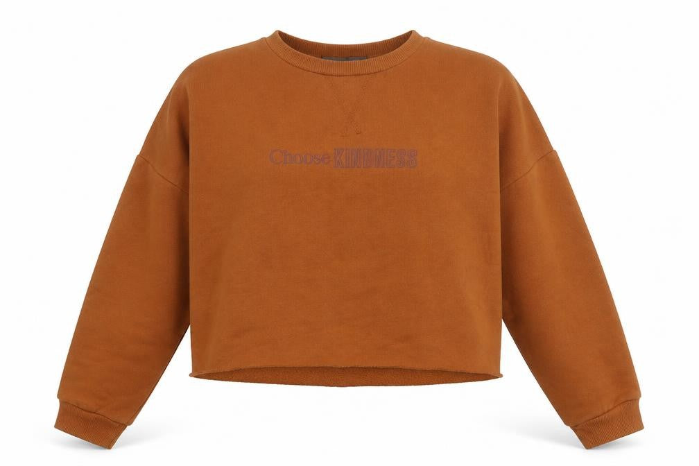 Front view of Primark women’s brown polyester pullover sweatshirt, size XS, - choose kindness