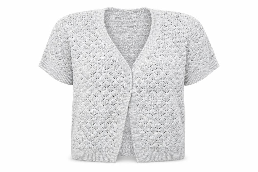 Front view of Preworn women’s grey v-neck polyester cape jumper, size S