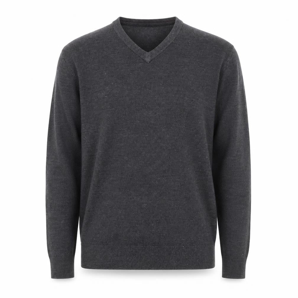 Front view of Easy men’s grey v-neck acrylic jumper, size XL