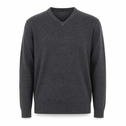 Front view of Easy men’s grey v-neck acrylic jumper, size XL