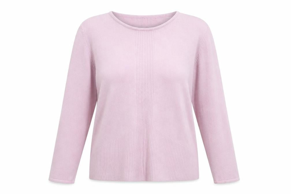 Front view of Klass women’s pink crew neck acrylic jumper, size L