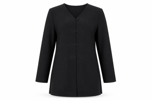Front view of Berkertex women’s black jacket blazer, size UK 12, button