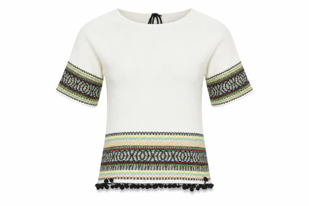 Front view of Per Una women’s white boat neck geometric cotton jumper, size UK 8
