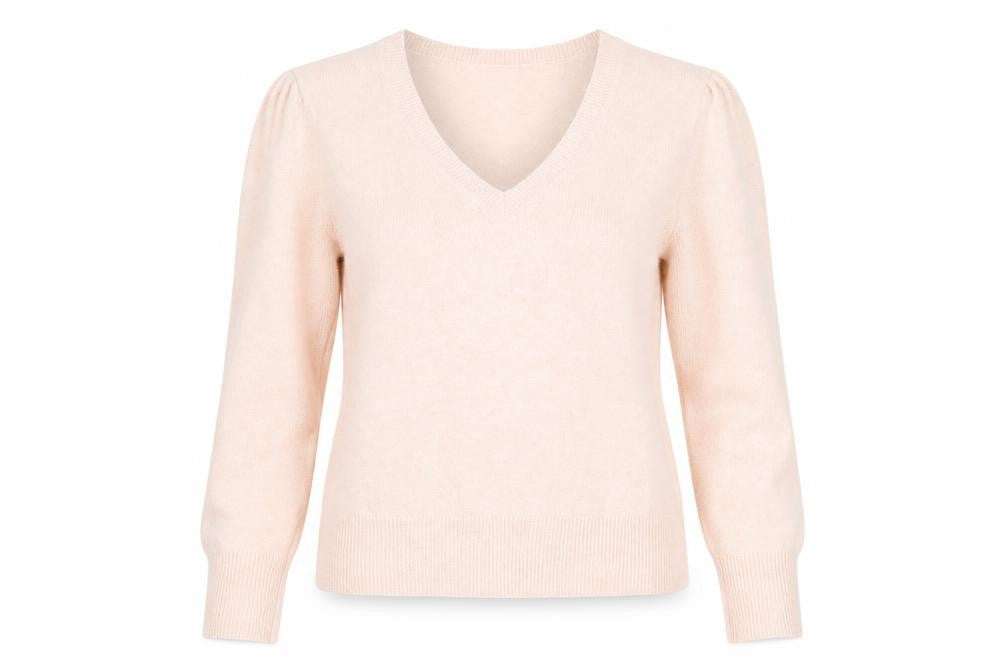 Front view of Marks & Spencer women’s pink v-neck cotton jumper, size UK 12