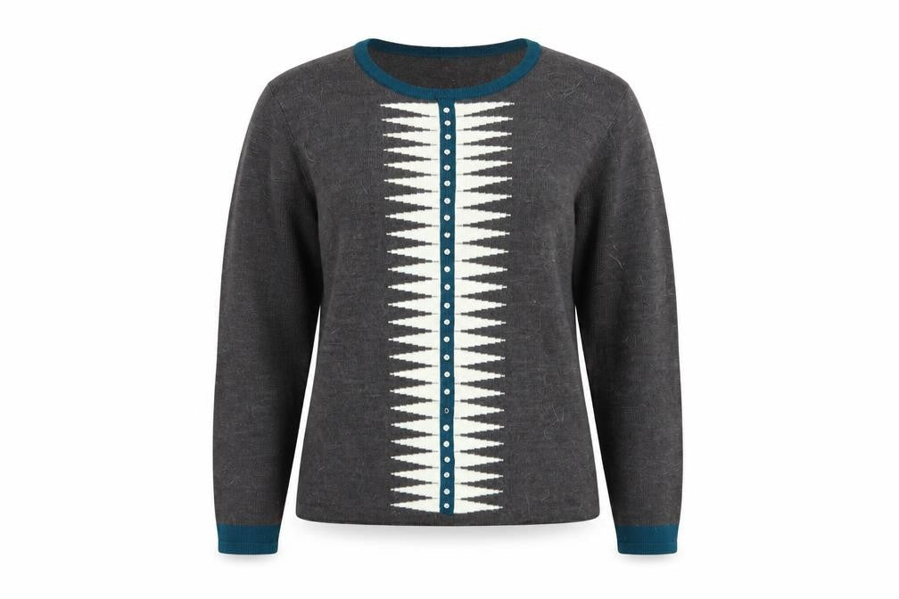 Front view of Autonomy women’s grey crew neck geometric acrylic jumper, size M